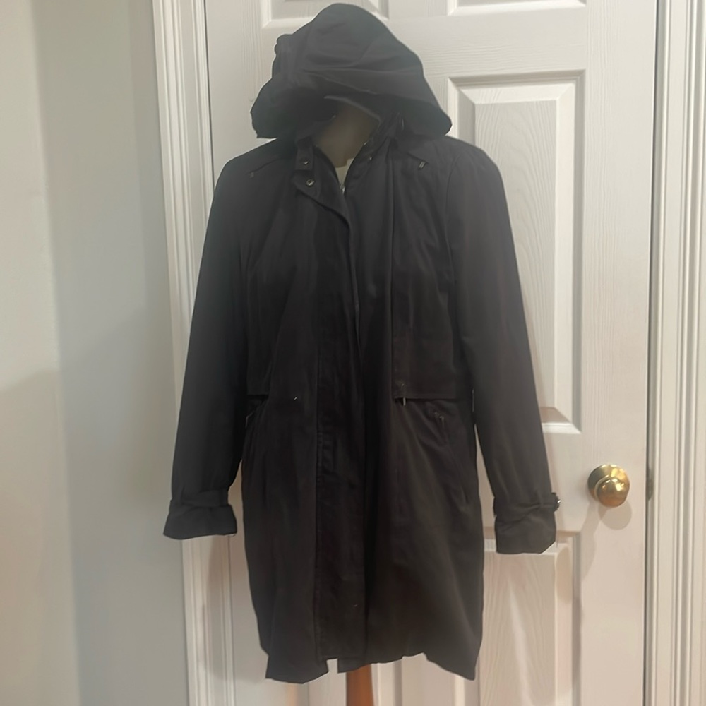 Cole Haan jacket removable hood raincoat zipper pockets black women’s size M